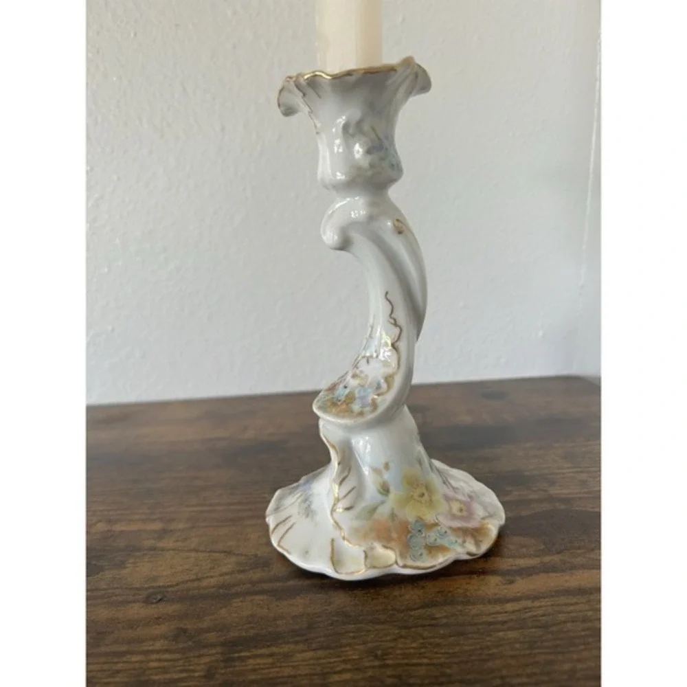 Antique French Porcelain‎ Hand Painted Candlestick Holder Circa 1900 Floral